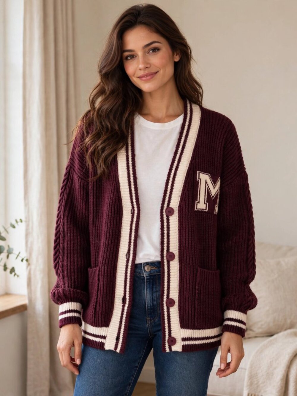 Motel Varsity Cardigan L Burgundy Letter M Oversized Preppy Academia